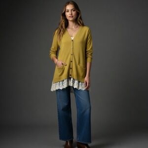 LOGO by Lori Goldstein Yellow Lace Trim Hem Button Front Cardigan Sweater Medium